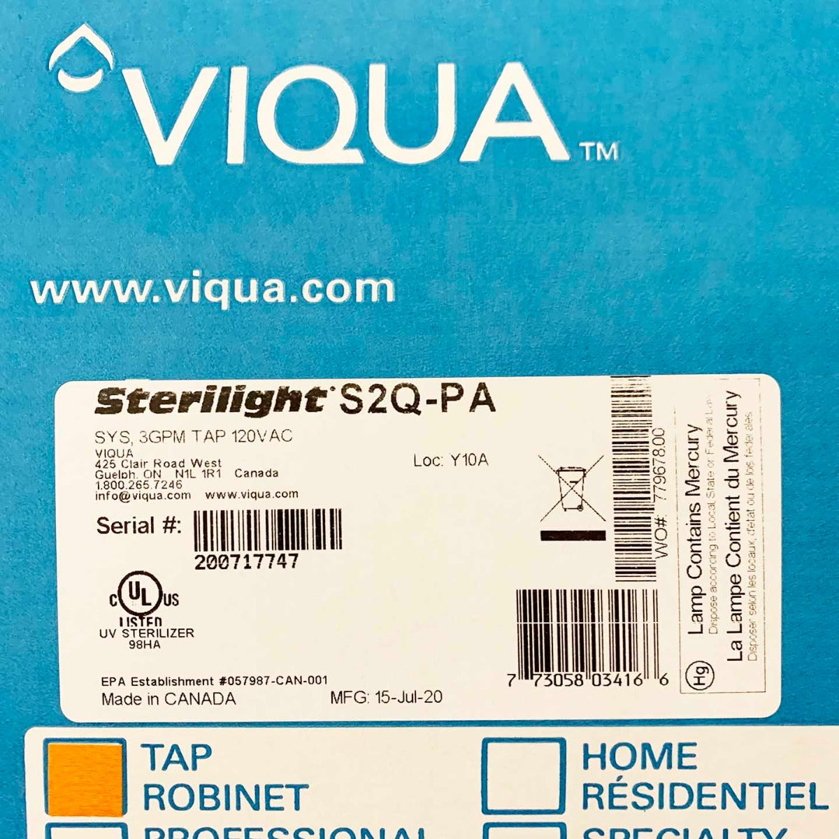 S2Q-PA Tap Plus UltraViolet Water Disinfection System by Viqua LABEL