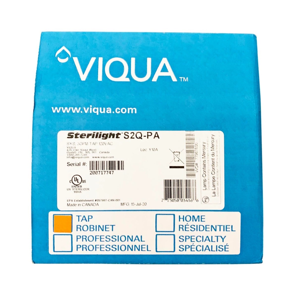 S2Q-PA Tap Plus UltraViolet Water Disinfection System by Viqua LABEL