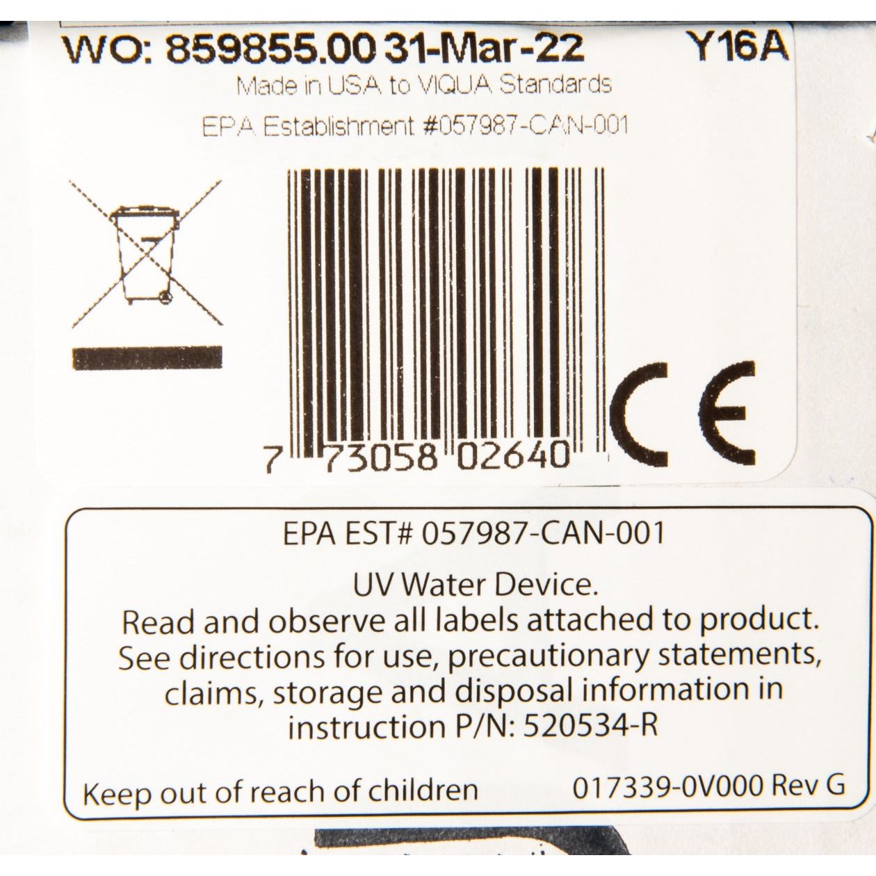 S330RL Water Disinfection System UV Lamp by Viqua LABEL