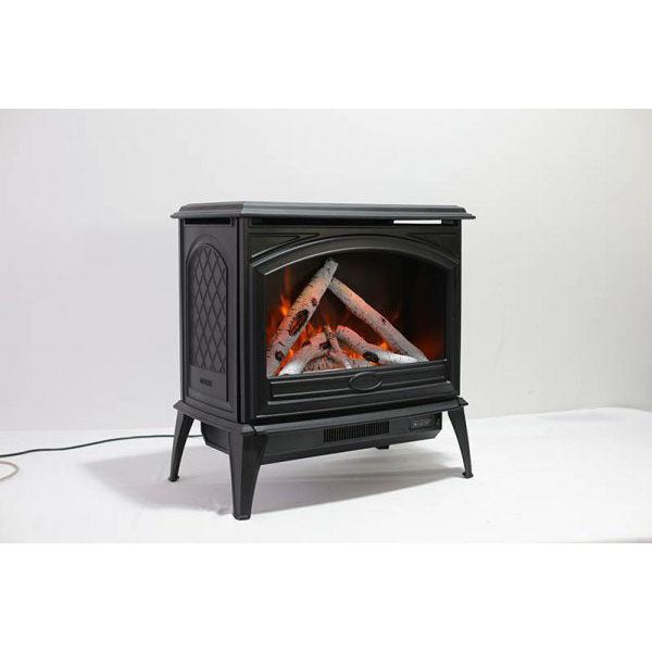 Sierra Flame 28-inch Cast Iron Freestanding Electric Stove FRONT AND SIDE VIEW