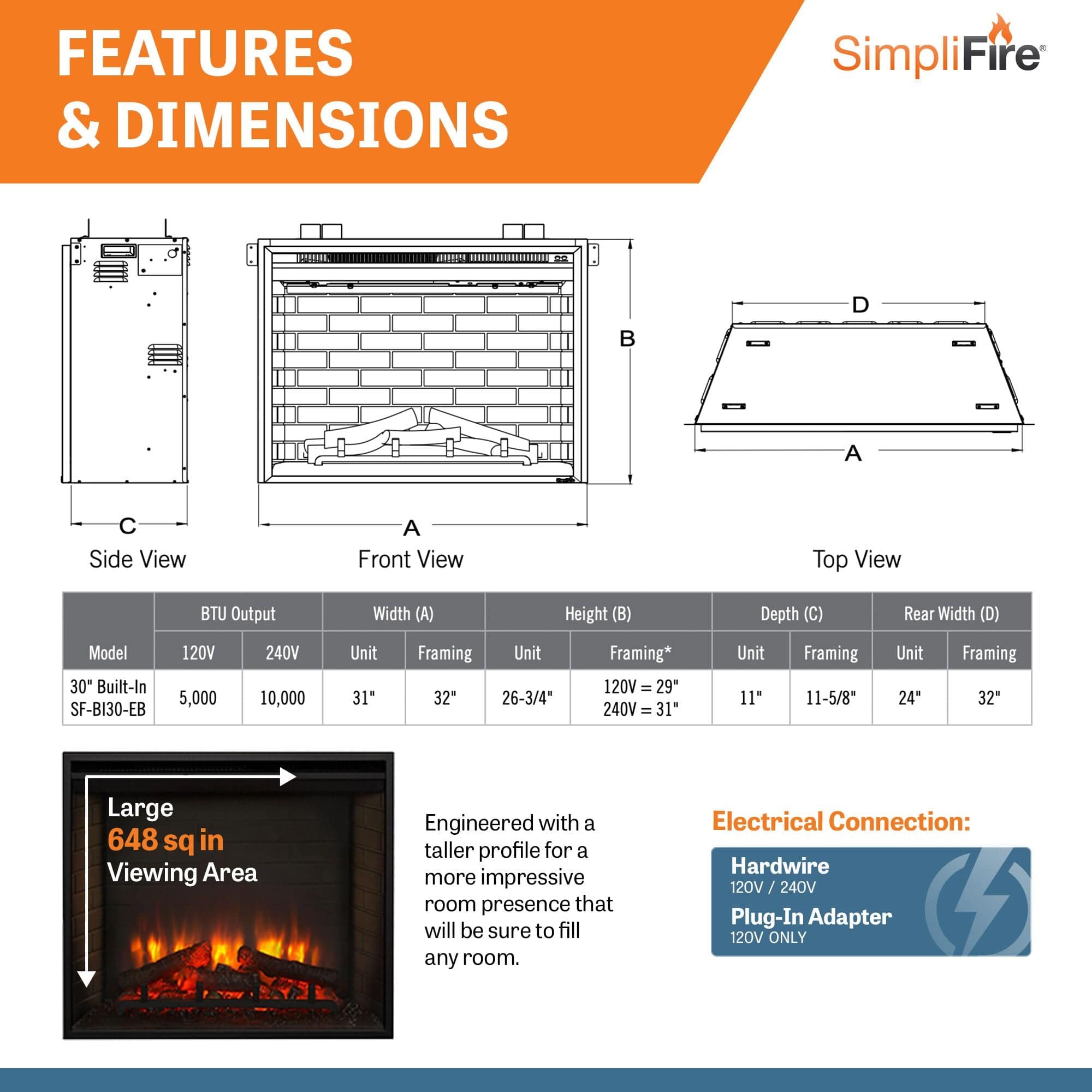 SimpliFire 30-In Built-In Electric Fireplace w/ Trim Kit