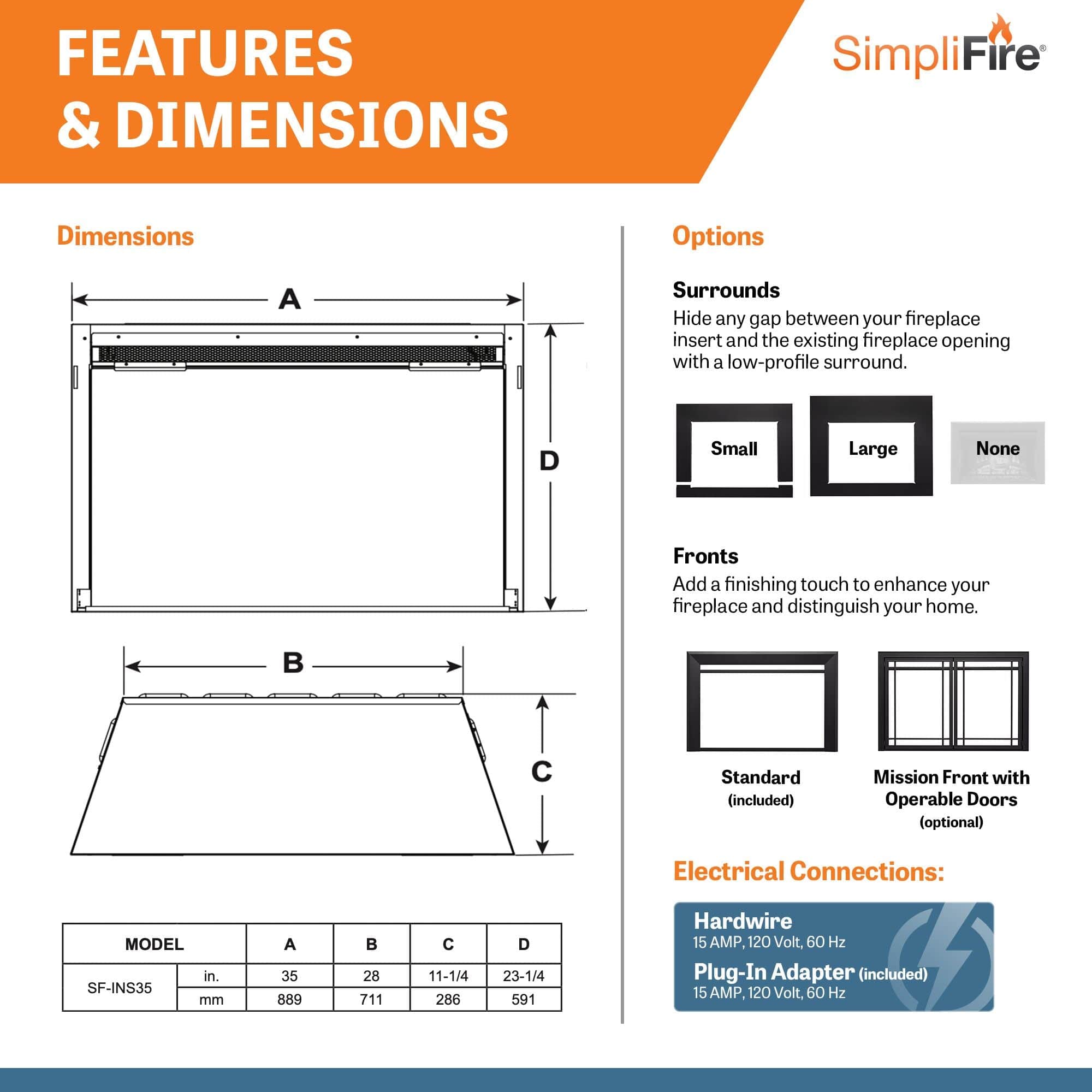 SimpliFire 35-In Electric Fireplace Insert