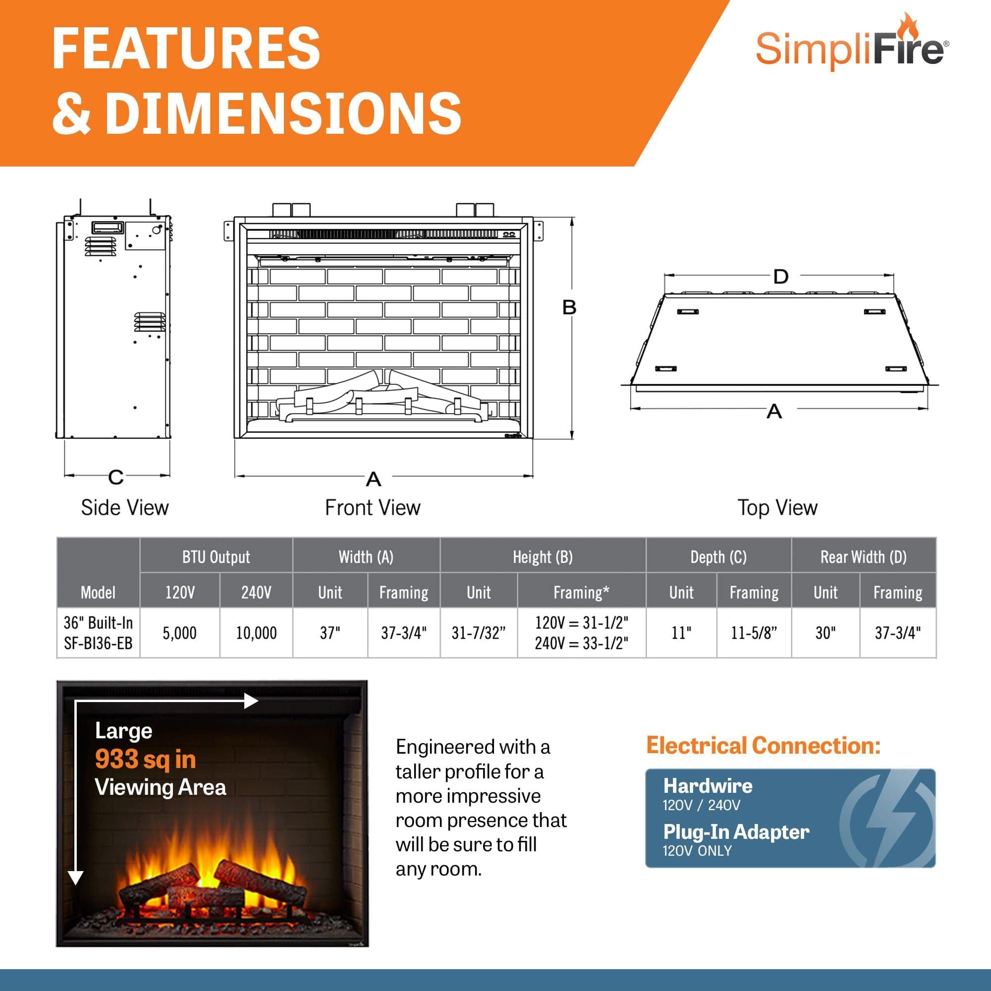 SimpliFire 36-In Built-In Electric Fireplace - SF-BI36-EB