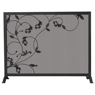 Single Panel Black Wrought Iron Screen with Flowing Leaf Design FRONT VIEW