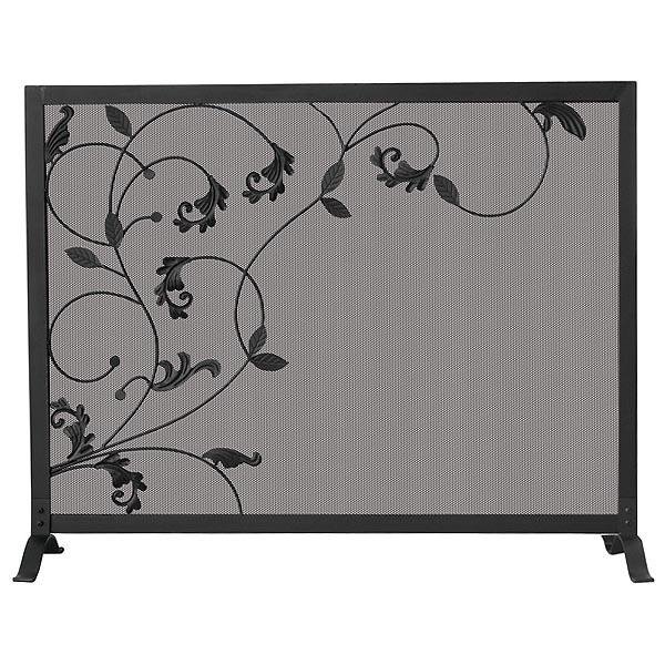 Single Panel Black Wrought Iron Screen with Flowing Leaf Design FRONT VIEW