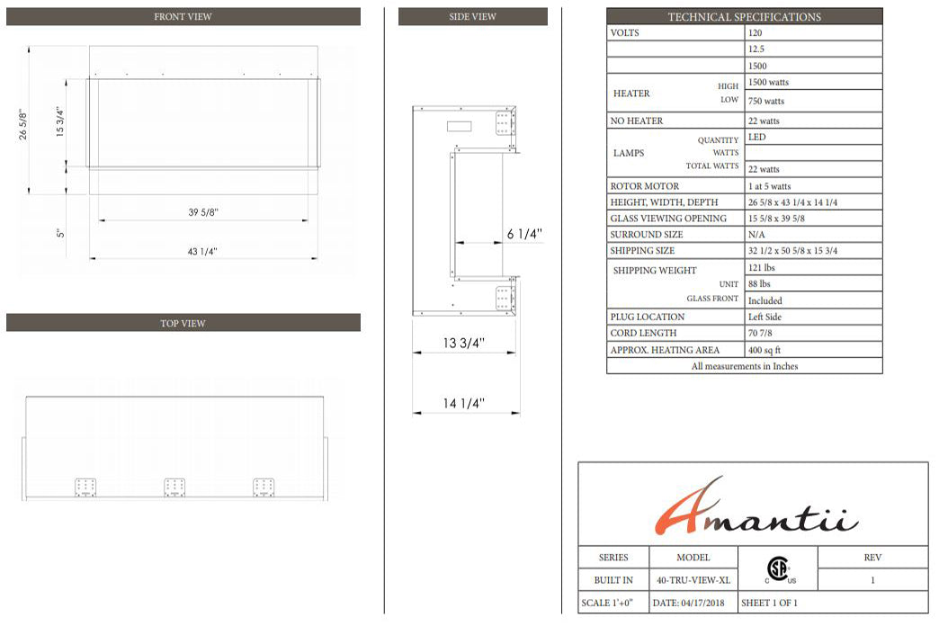 Amantii Panorama Tru View 40-inch 3-Sided View Built In Indoor/Outdoor Electric Fireplace