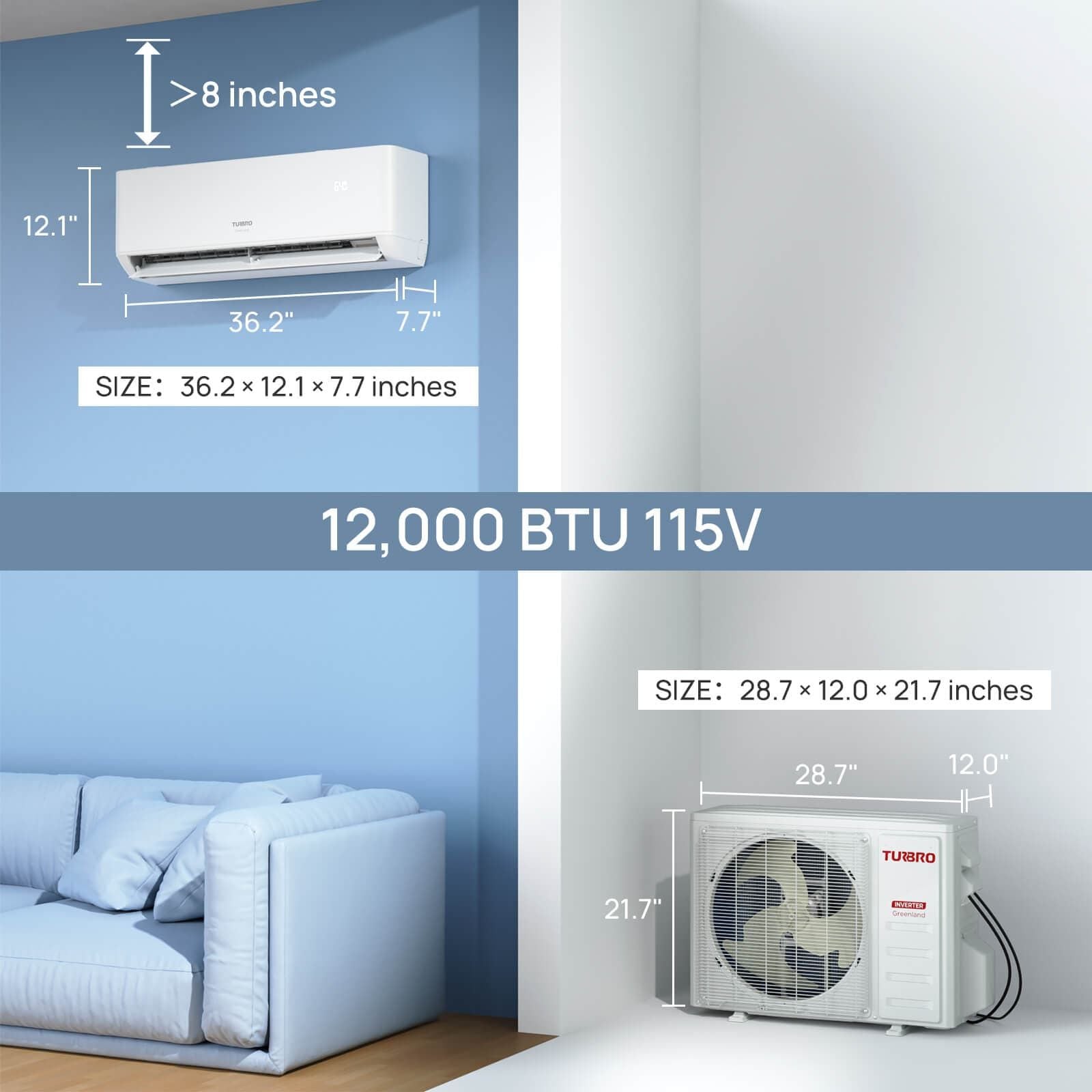 Turbro Greenland 12,000 BTU WiFi Ductless Mini Split AC with Heat Pump DETAILS