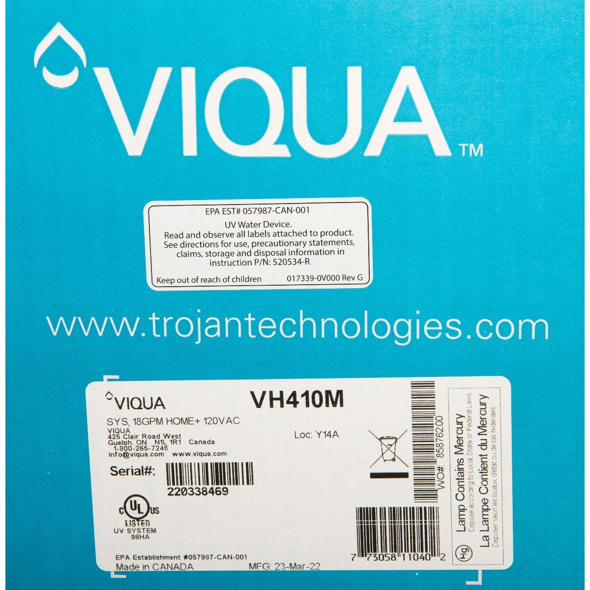 VH410M UltraViolet Water Disinfection System by Viqua LABEL