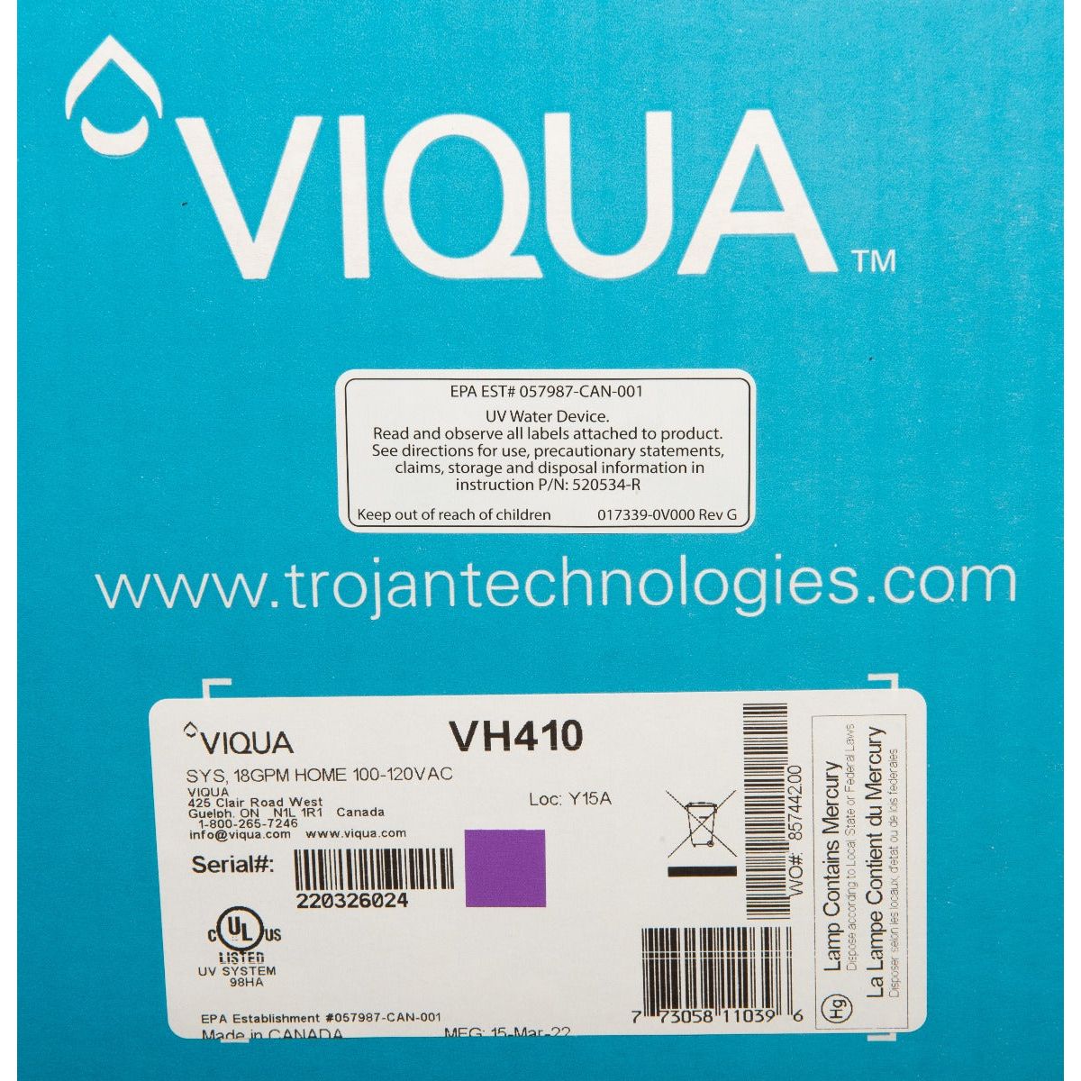 VH410 Residential UltraViolet Water Disinfection System by Viqua DETAILS