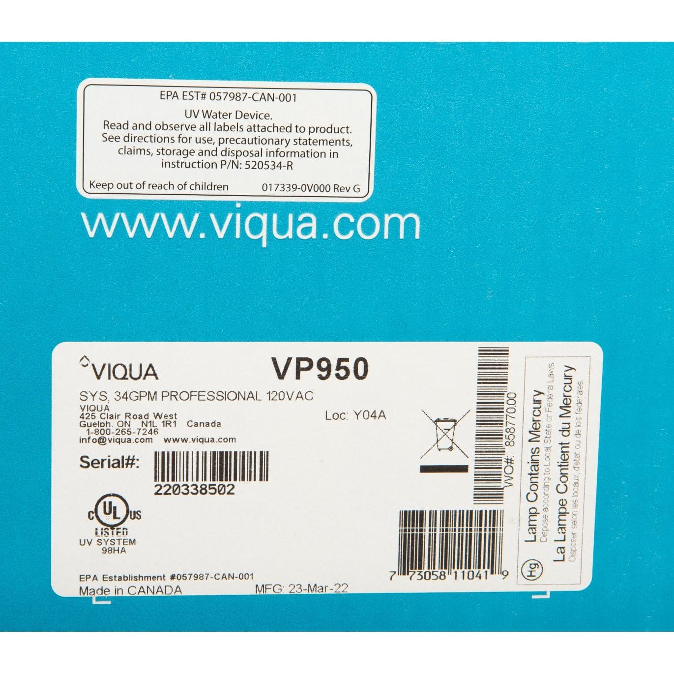 VP950 UltraViolet Water Disinfection System by Viqua LABEL