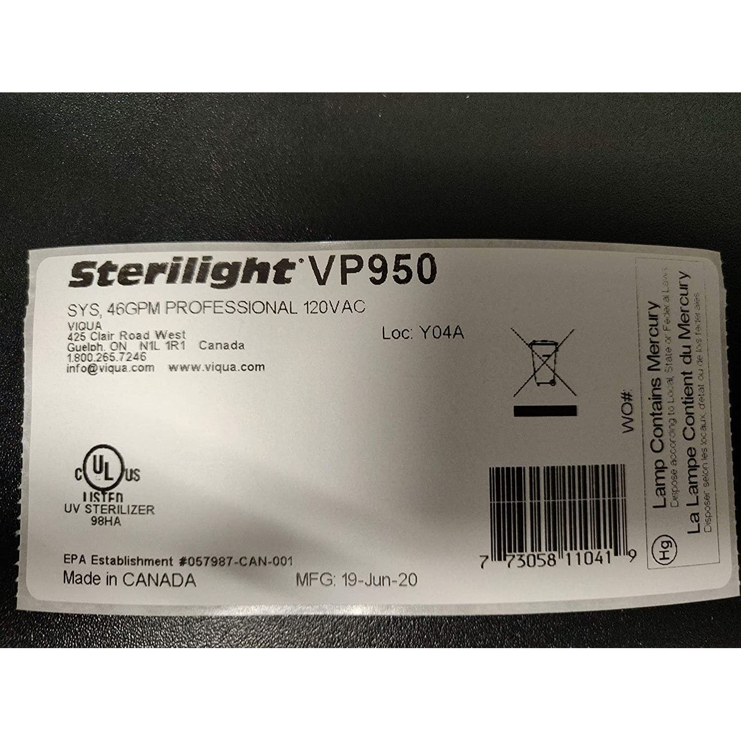 VP950 UltraViolet Water Disinfection System by Viqua LABEL