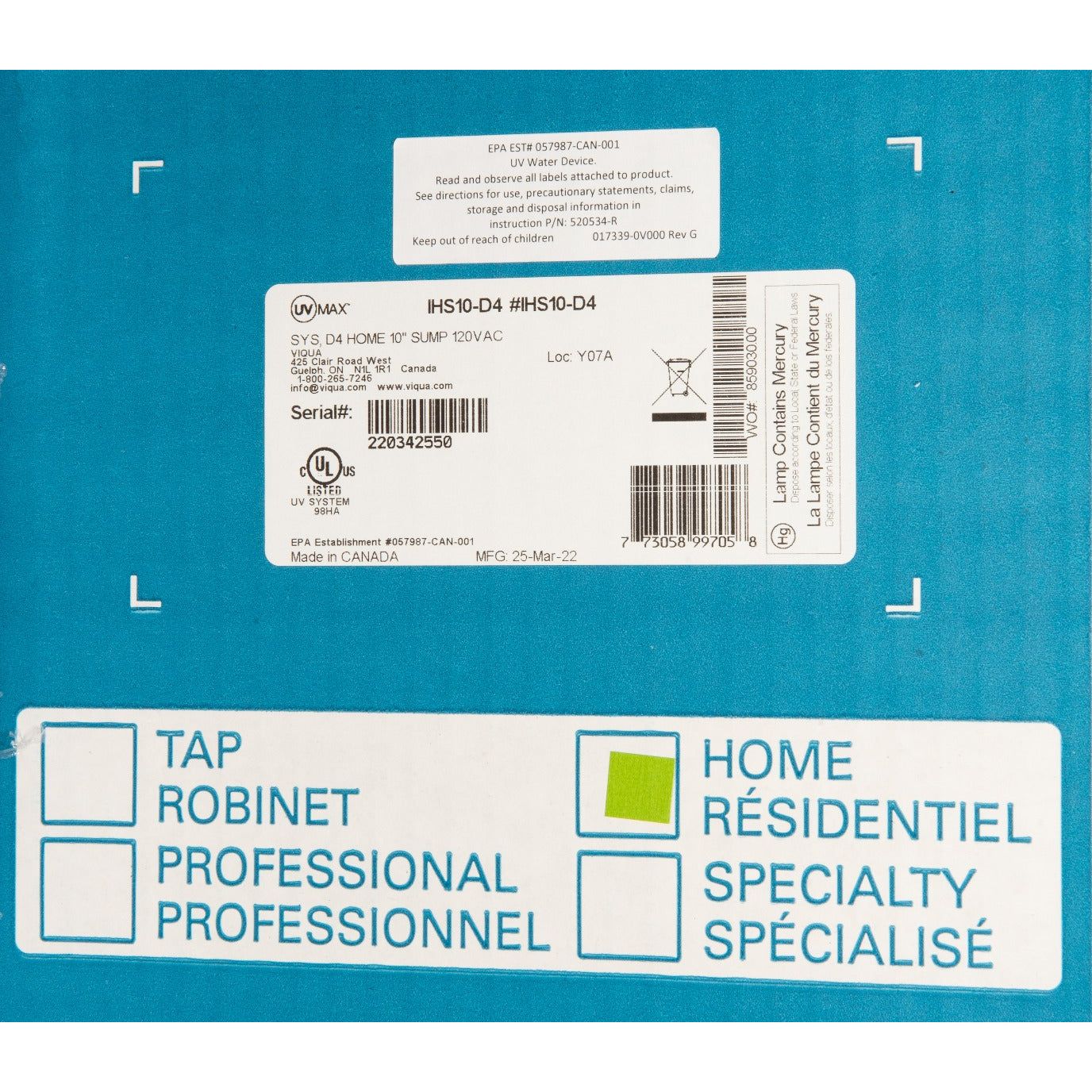 Viqua IHS10-D4 UVMAX Home Plus UV Disinfection System LABEL