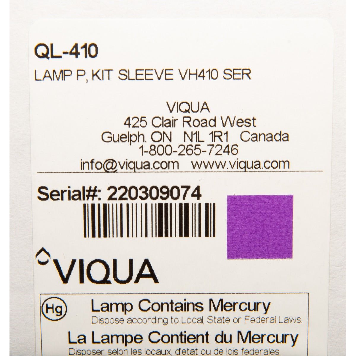 Viqua QL-200 Replacement Lamp and Quartz Sleeve for VH200 LABEL