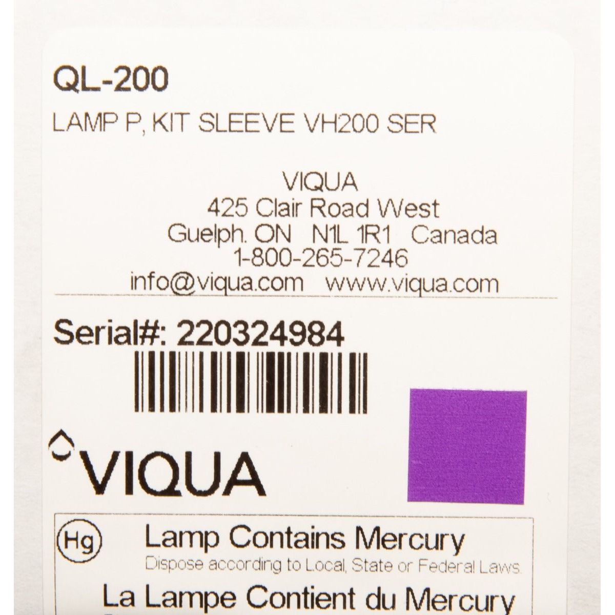 Viqua QL-410 Replacement UV Lamp and Quartz Sleeve for VH410 LABEL