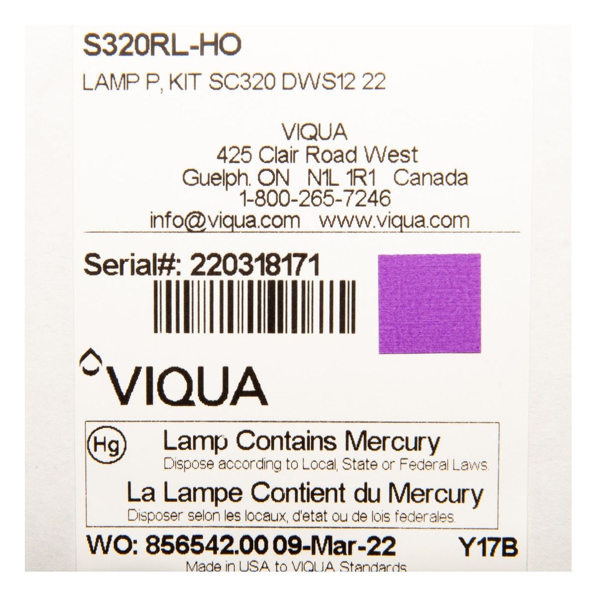 Viqua Replacement UV Lamp S320RL-HO LABEL