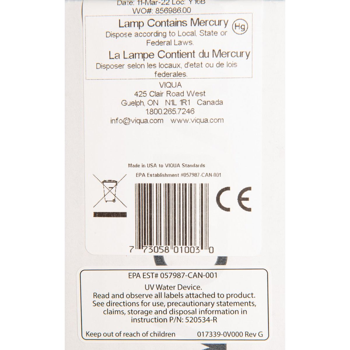Viqua Replacement UV Lamp S36RL LABEL