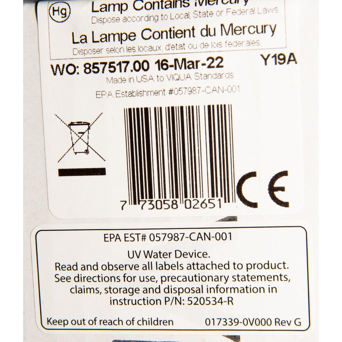 Viqua S200RL Replacement Lamp LABEL