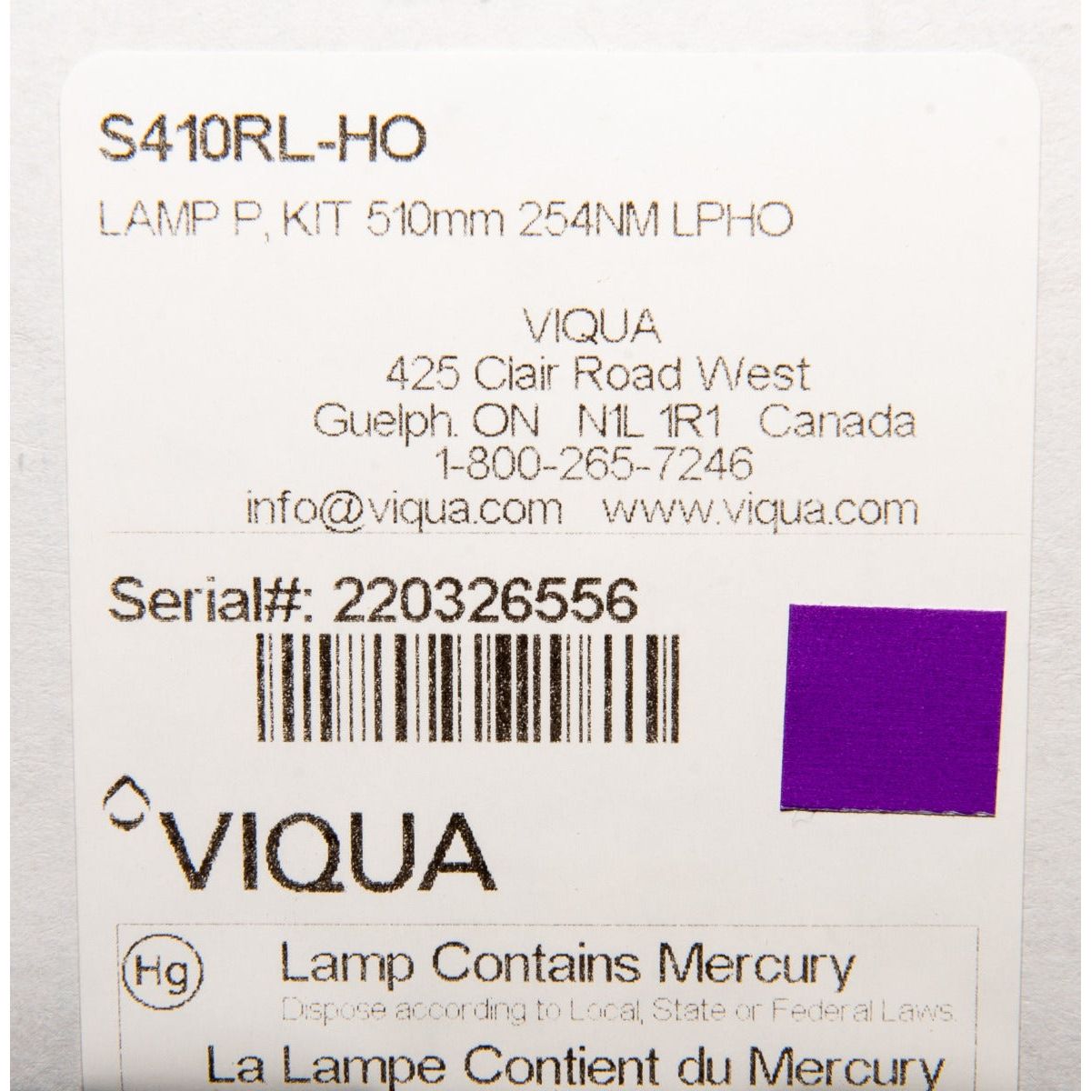 Viqua S410RL Replacement UV Lamp LABEL