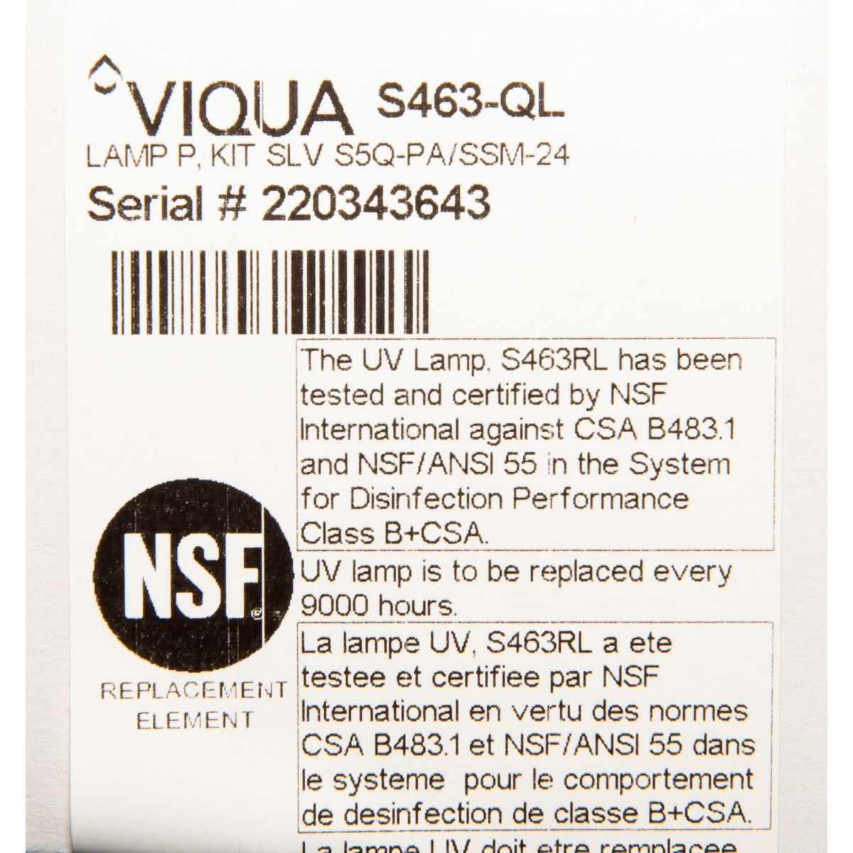 Viqua S463-QL Lamp/ Quartz Sleeve Combo Pack LABEL