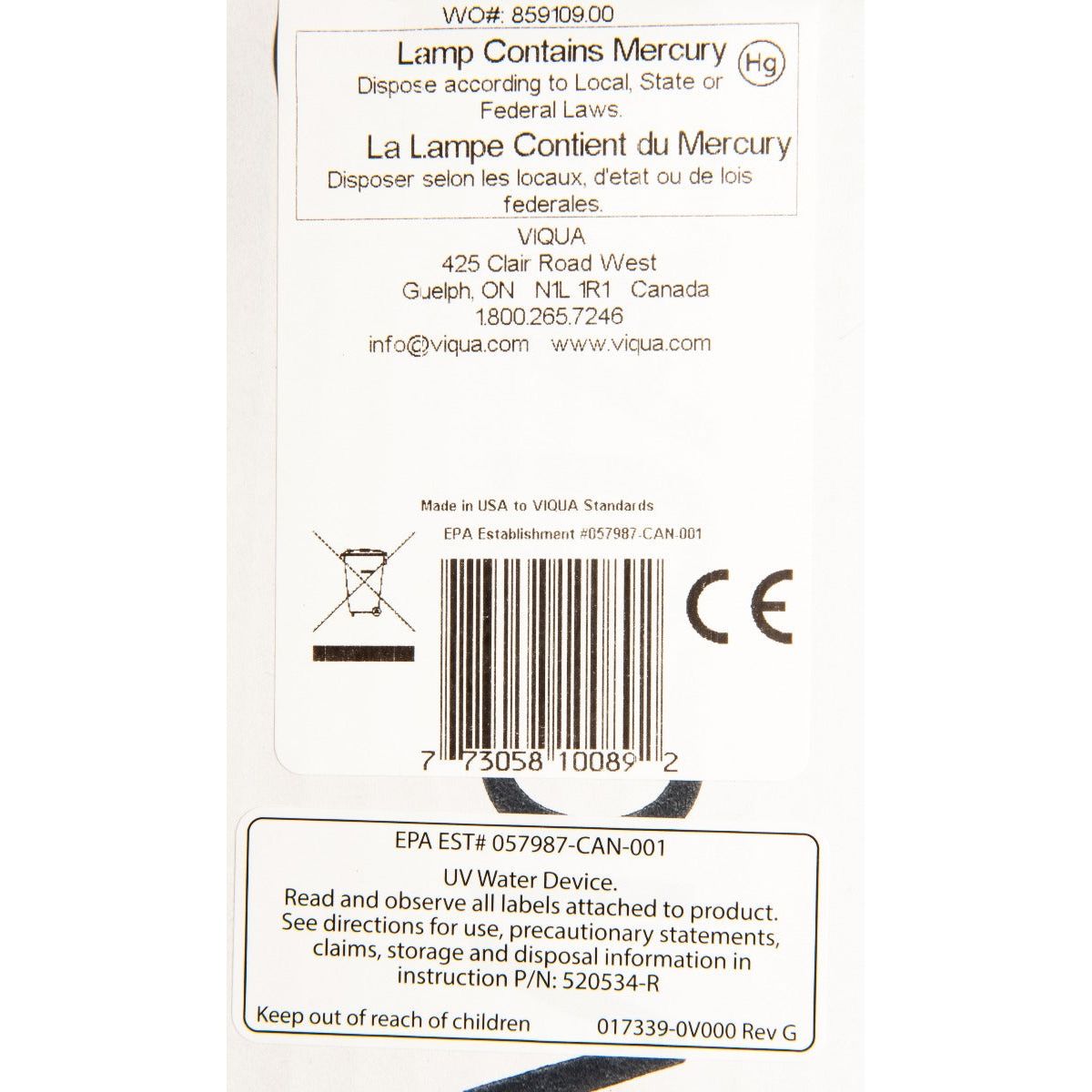 Viqua S463-QL Lamp/ Quartz Sleeve Combo Pack LABEL