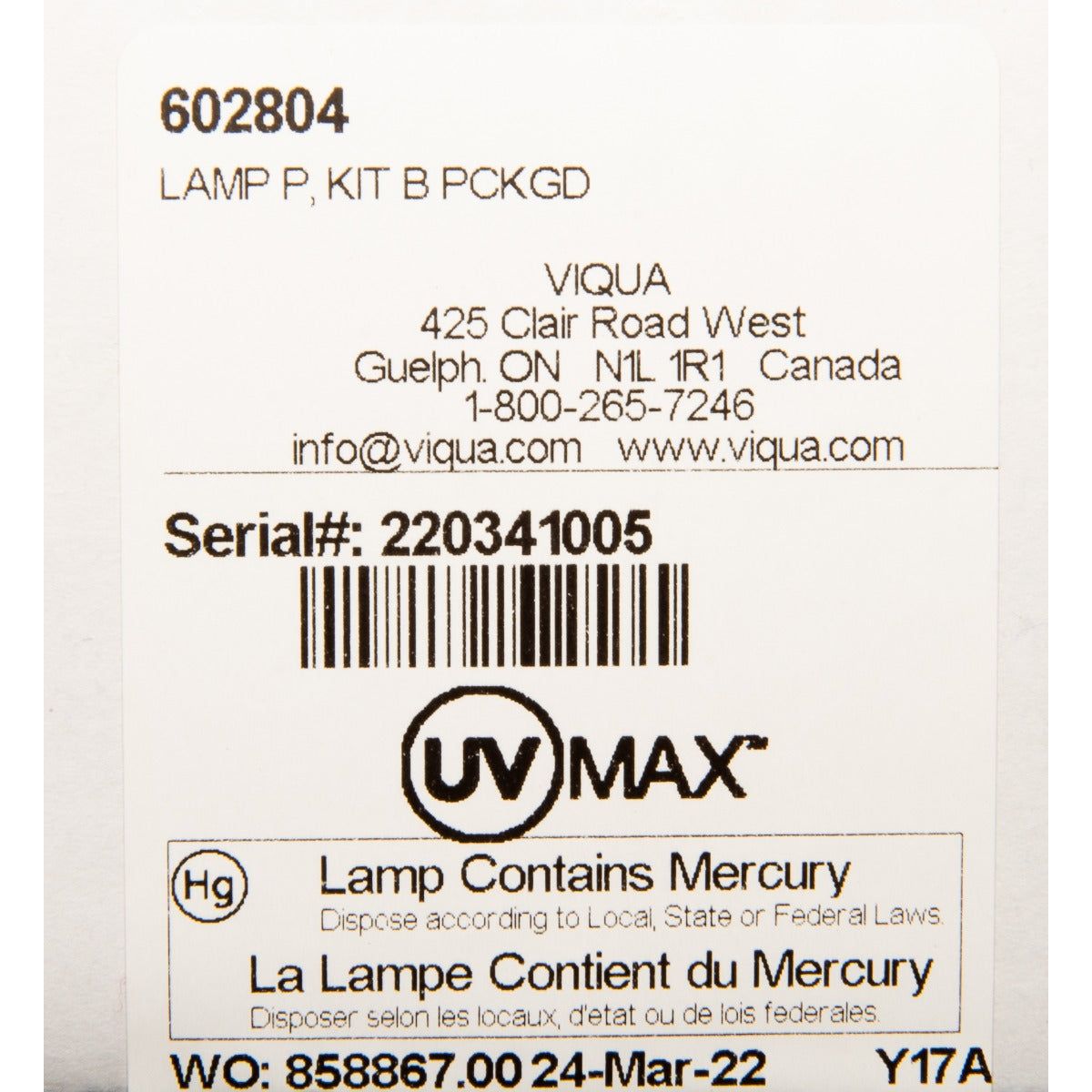 Viqua Ultraviolet Lamp UV-MAX-602804 LABEL