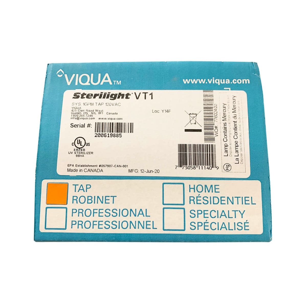 Viqua VT1 Point-Of-Use UltraViolet Disinfection System LABEL