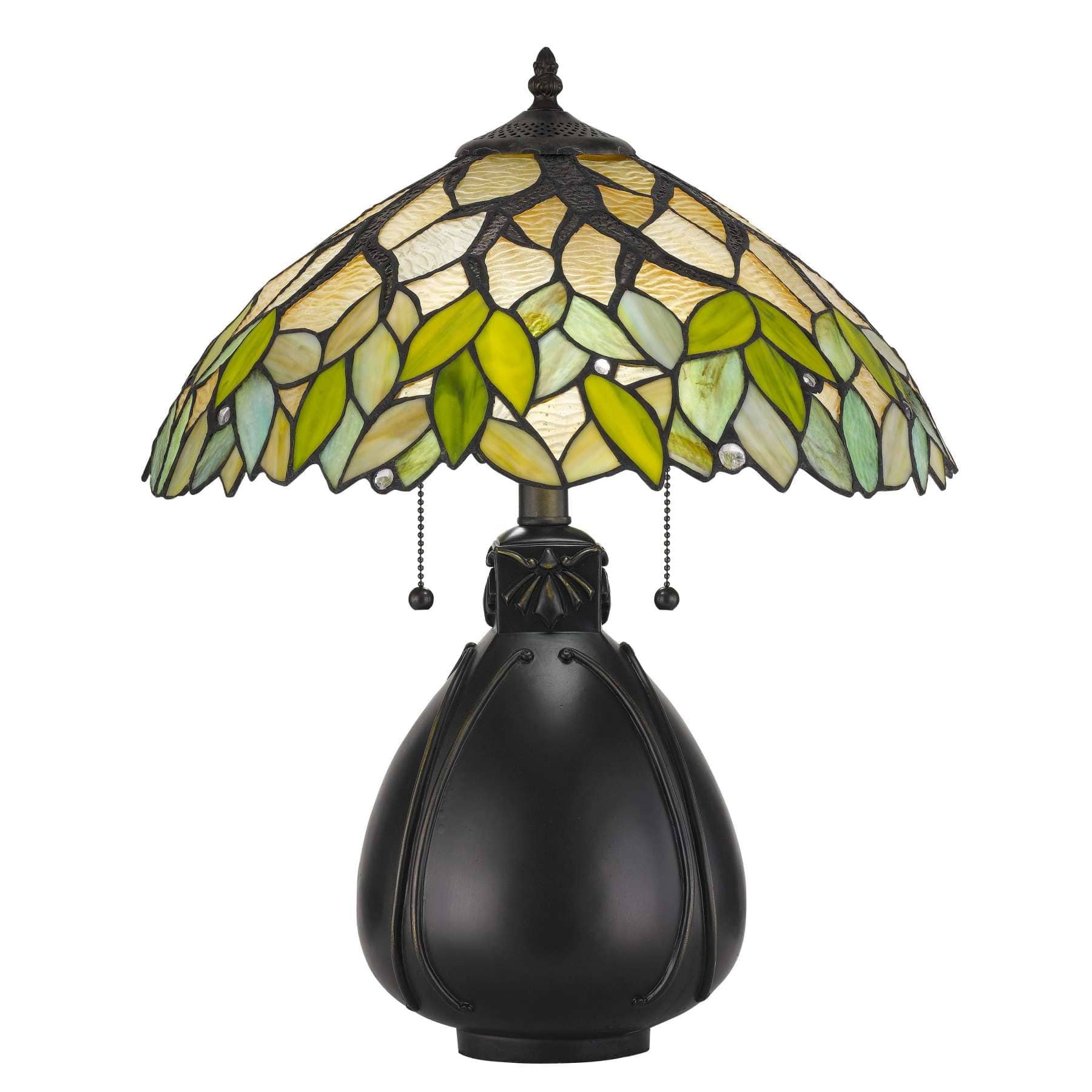 Benzara 2 Bulb Tiffany Table Lamp With Leaf Design Glass Shade, Multicolor By Benzara Table Lamps BM224791