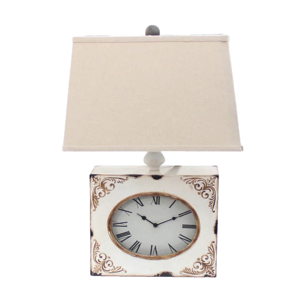 Benzara Clock Design Metal Table Lamp With Tapered Shade,White And Beige By Benzara Table Lamps BM217251
