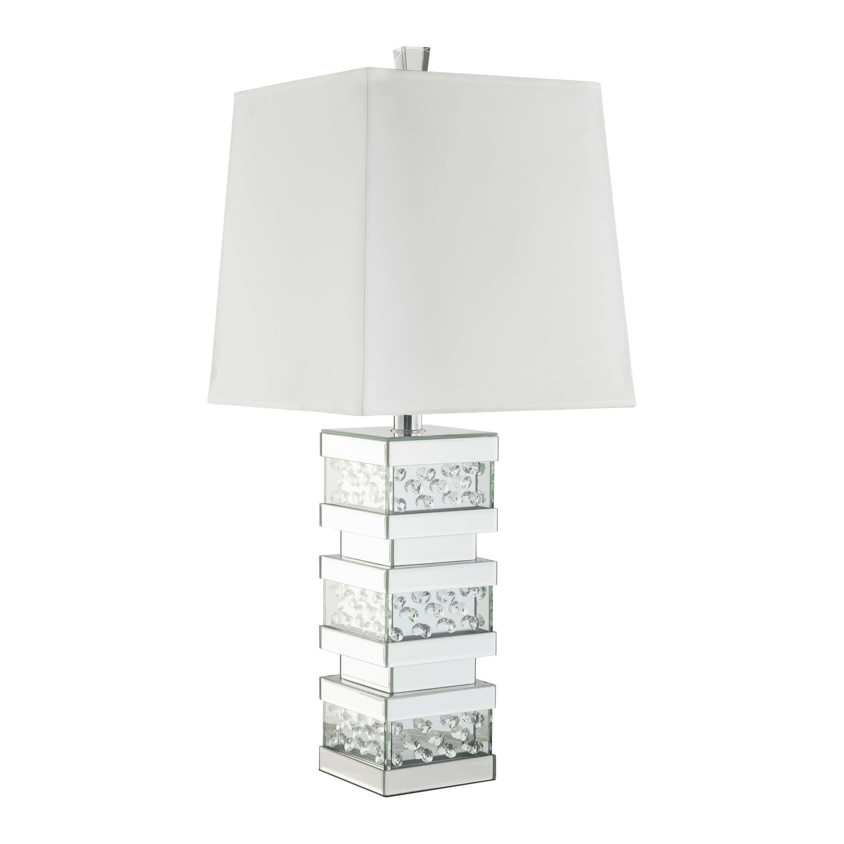 Benzara Contemporary Square Table Lamp With Pedestal Mirrored Base, White And Clear By Benzara Table Lamps BM207534