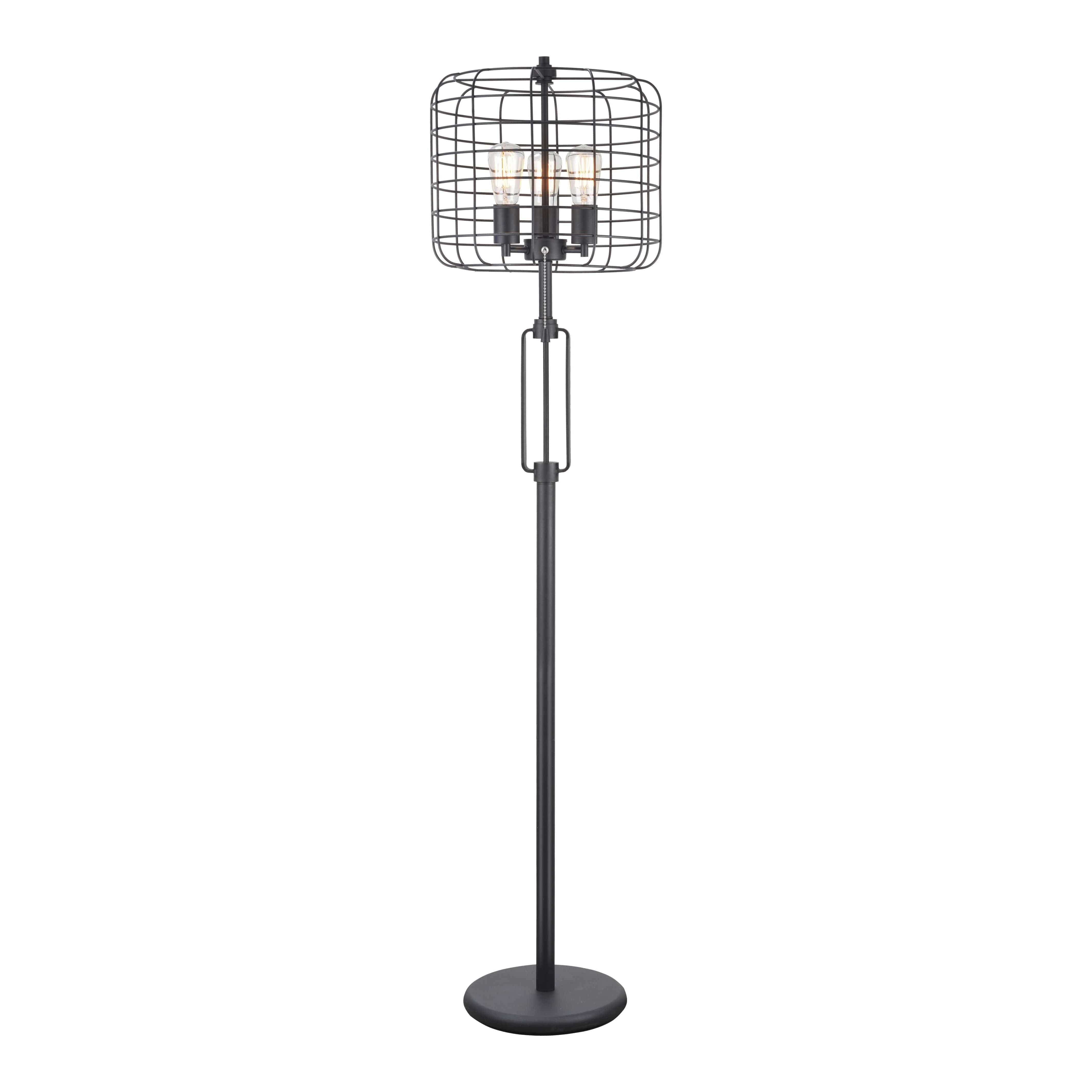 Benzara Metal Base Caged Shade Lamp With Open Design And Circular Base, Black By Benzara Floor Lamps BM207453