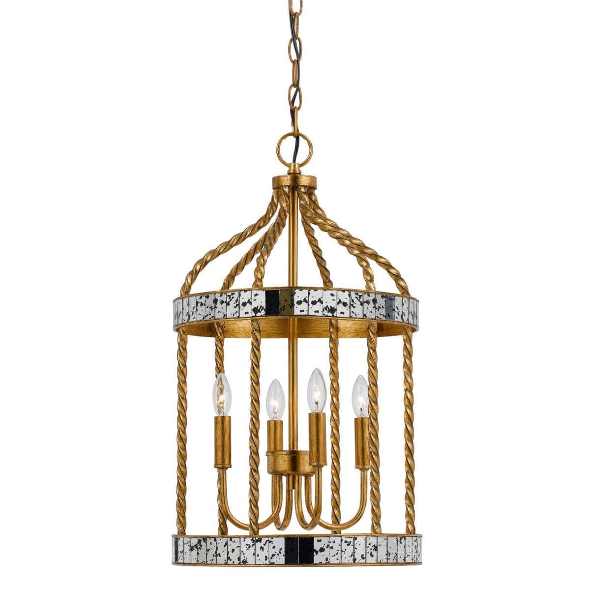 Benzara Metal Bird Cage Design Pendant With Woven Rope Pattern, Gold By Benzara Chandeliers BM224983