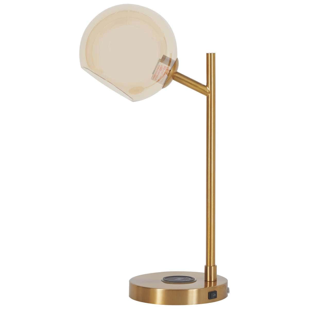 Benzara Metal Desk Lamp With Round Glass Shade And Wireless Charger, Gold By Benzara Desk Lamps BM226571