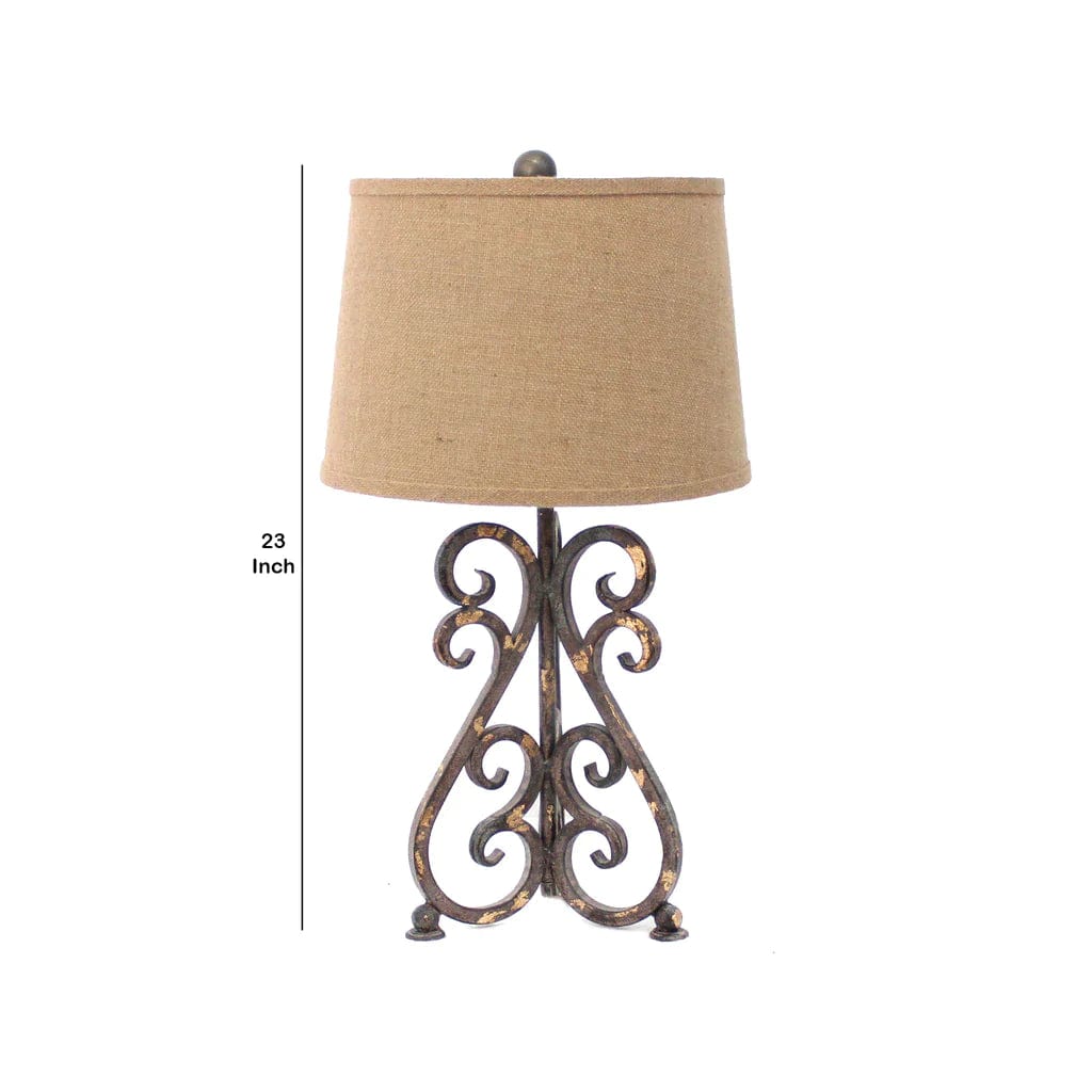 Benzara Metal Table Lamp With Scroll Design Base And 2 Way Switch,Bronze And Beige By Benzara Table Lamps BM217252