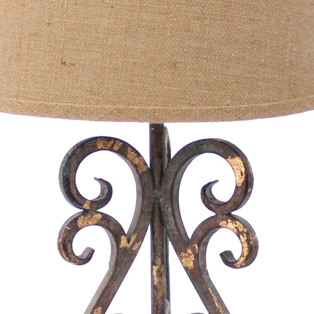 Benzara Metal Table Lamp With Scroll Design Base And 2 Way Switch,Bronze And Beige By Benzara Table Lamps BM217252