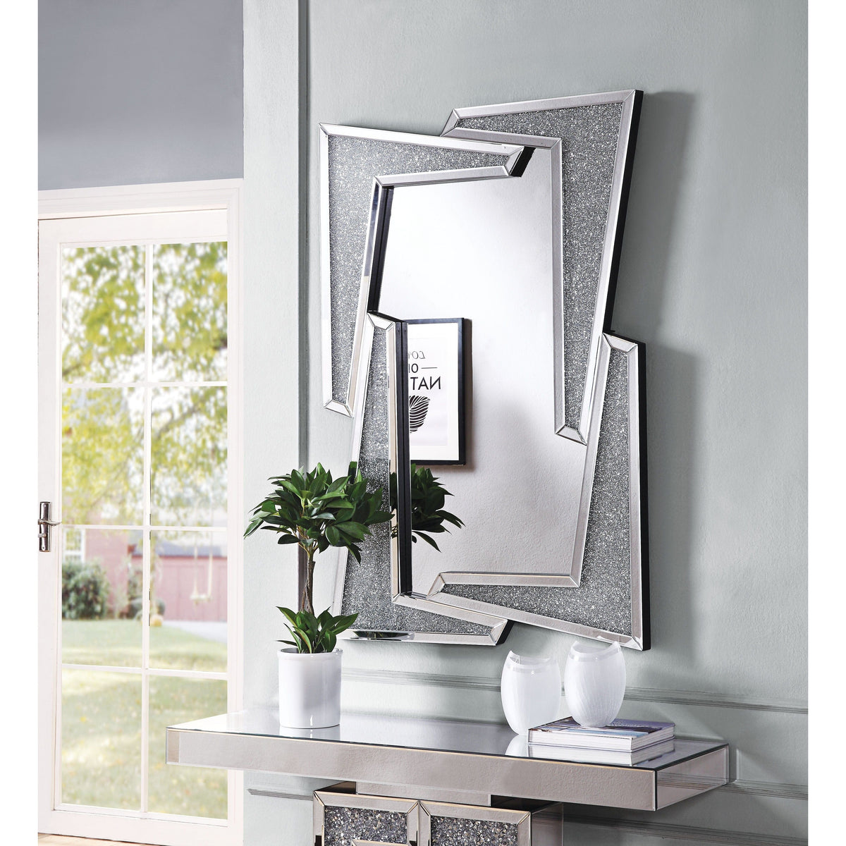 Mirrored Wooden Frame Accent Wall Decor With Four L Shaped Borders