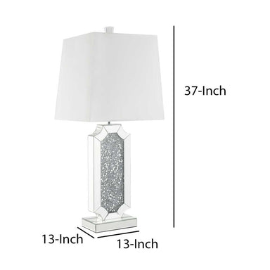 Benzara Mirrorred Base Wooden Table Lamp With Square Shade, White And Silver By Benzara Table Lamps BM204602