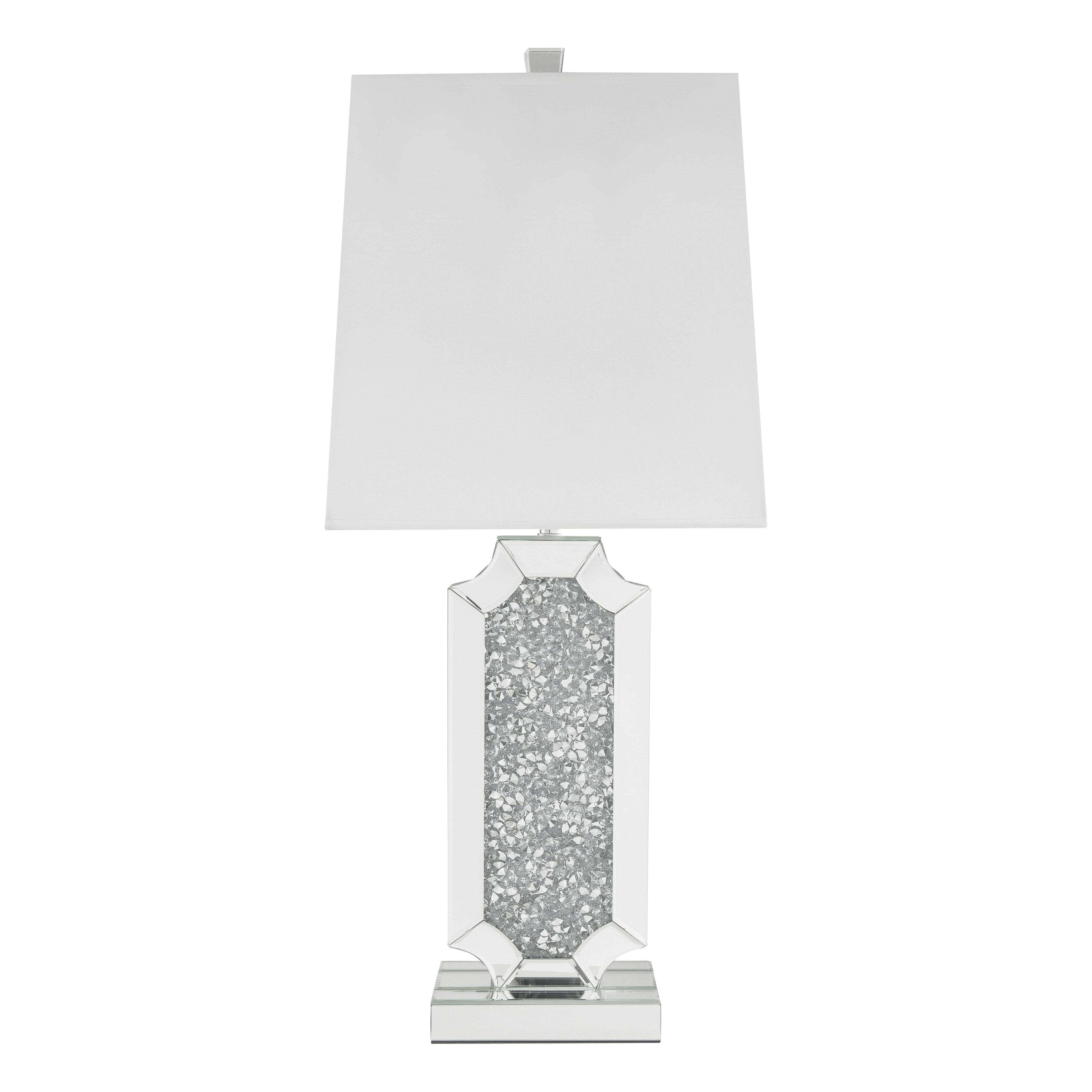 Benzara Mirrorred Base Wooden Table Lamp With Square Shade, White And Silver By Benzara Table Lamps BM204602