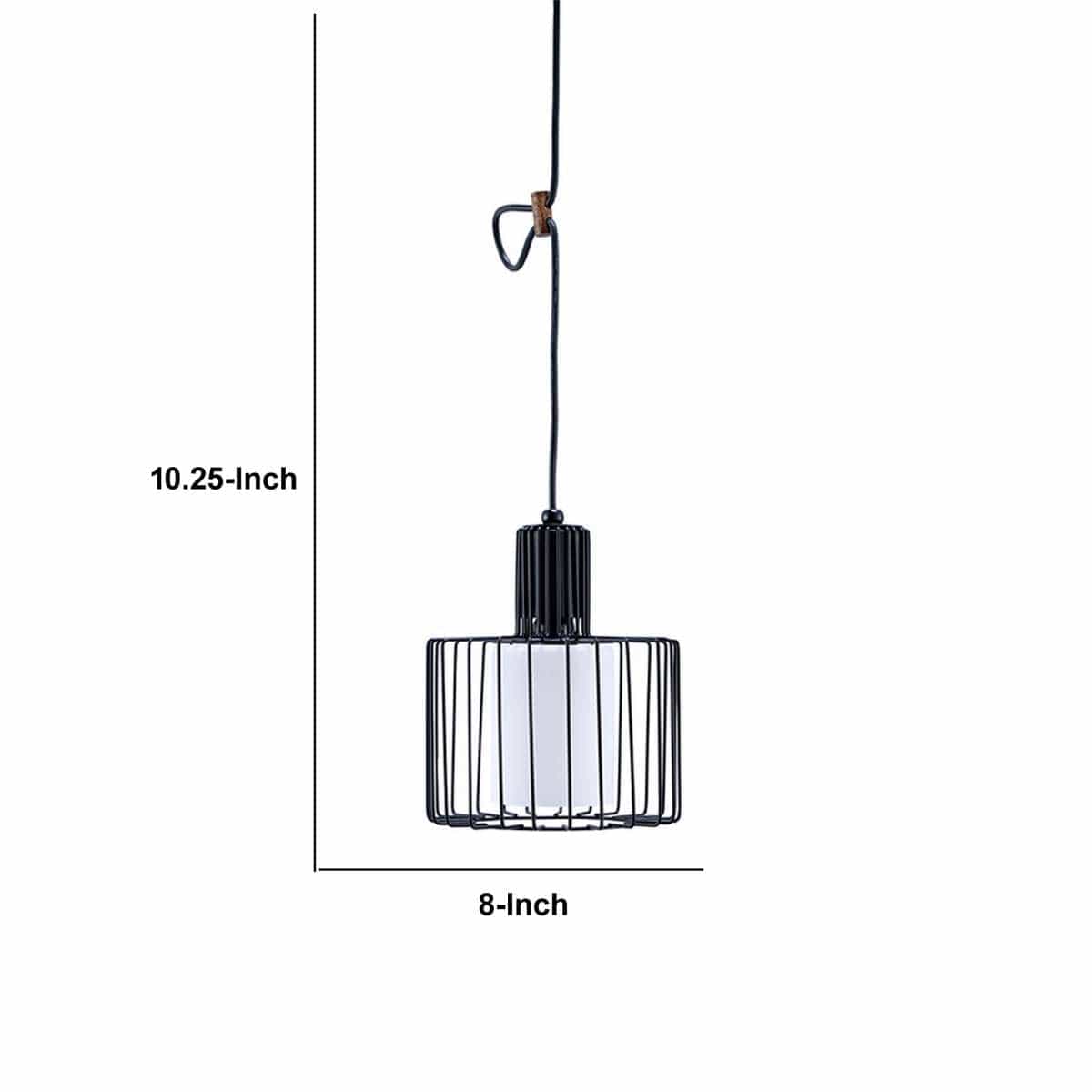 Benzara Pendant Ceiling With Wire Cage Frame And Frosted Glass, Black By Benzara Pendant Lamps BM240316