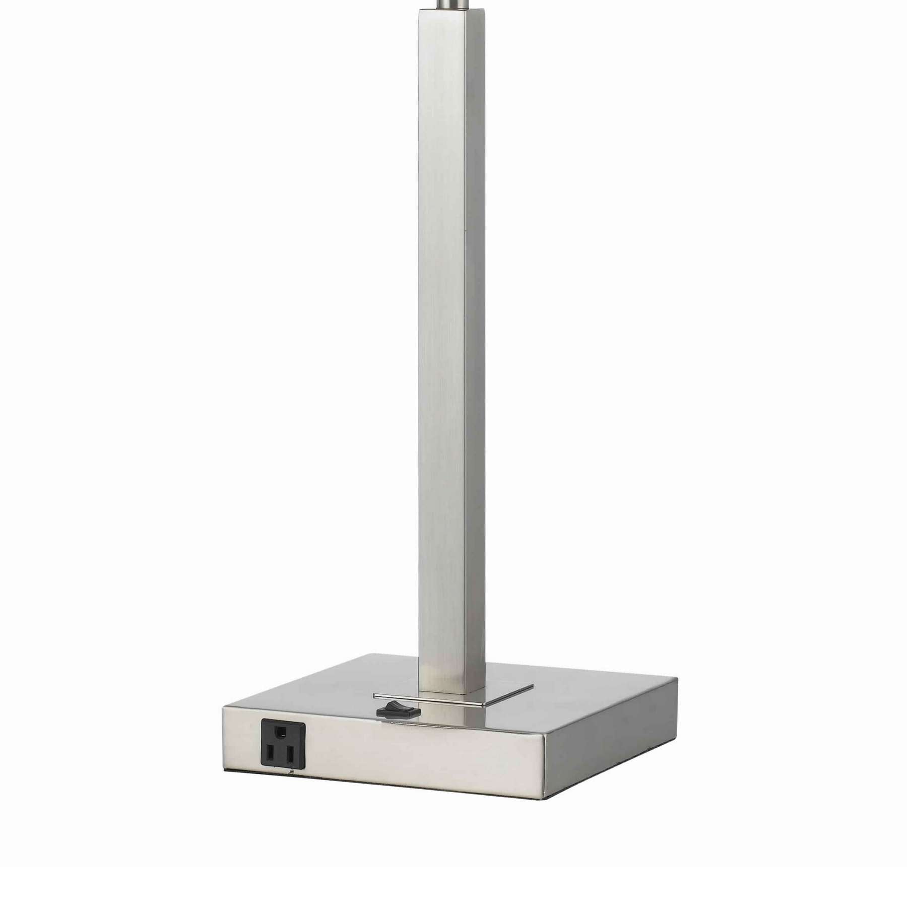 Benzara Rectangular Metal Table Lamp With Tubular Base And 2 Power Outlet, White By Benzara Table Lamps BM224691