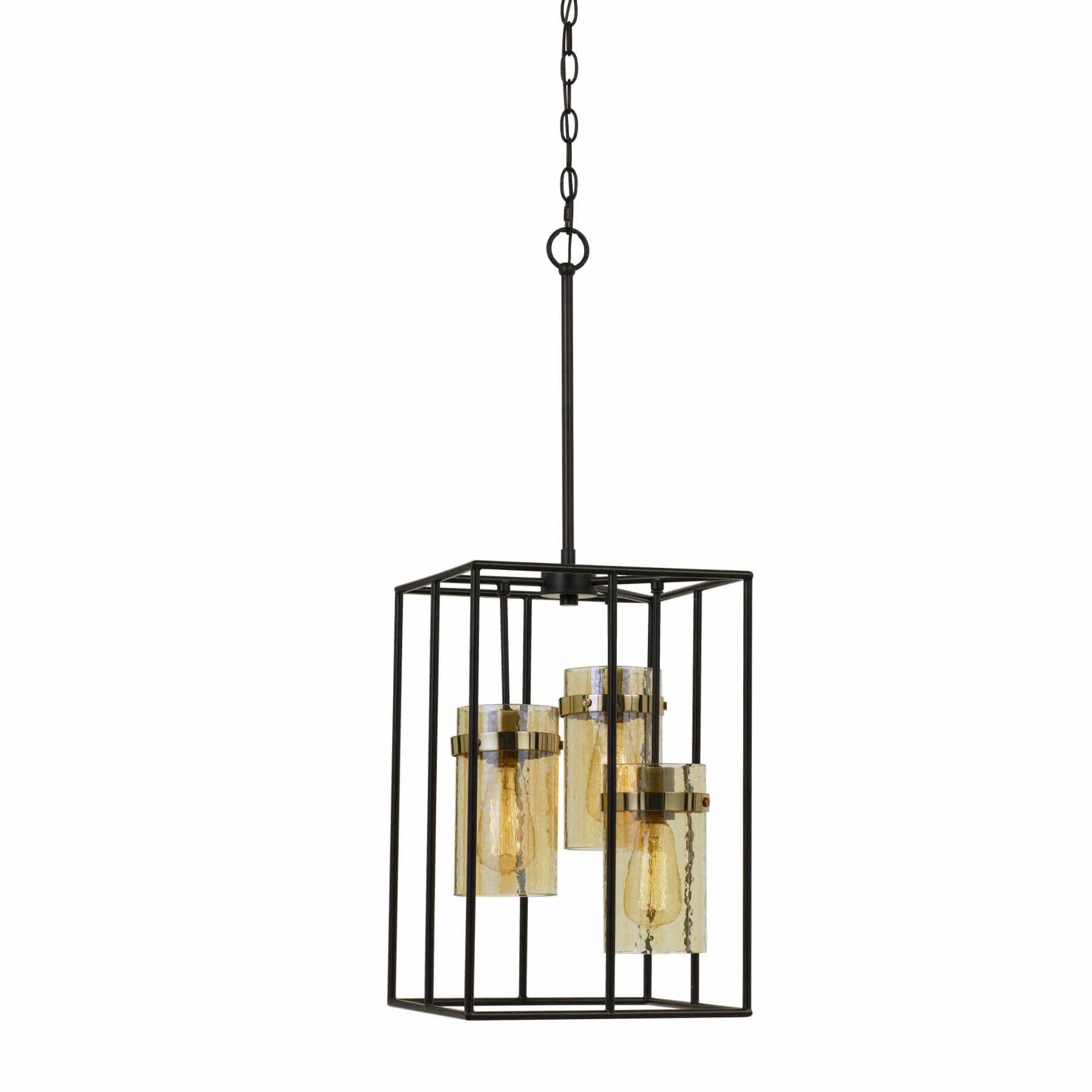 Benzara Rectangular Open Cage Design Pendant With Cylindrical Glass Shade, Black By Benzara Chandeliers BM224818