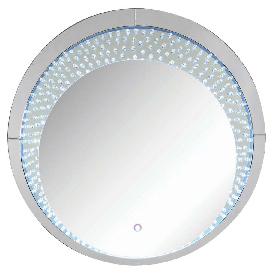 Benzara Round Accent Wall Decor With Led Bulb And Beveled Edges, Silver By Benzara Mirrors BM207527