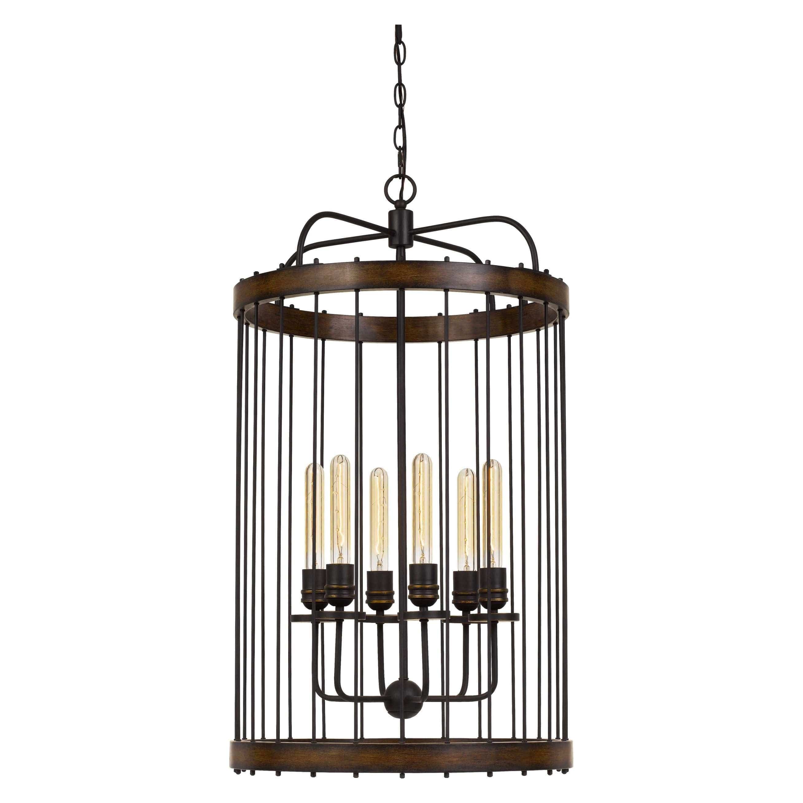 Benzara Round Metal And Wooden Frame Chandelier With Cage Design, Brown And Black By Benzara Chandeliers BM224996