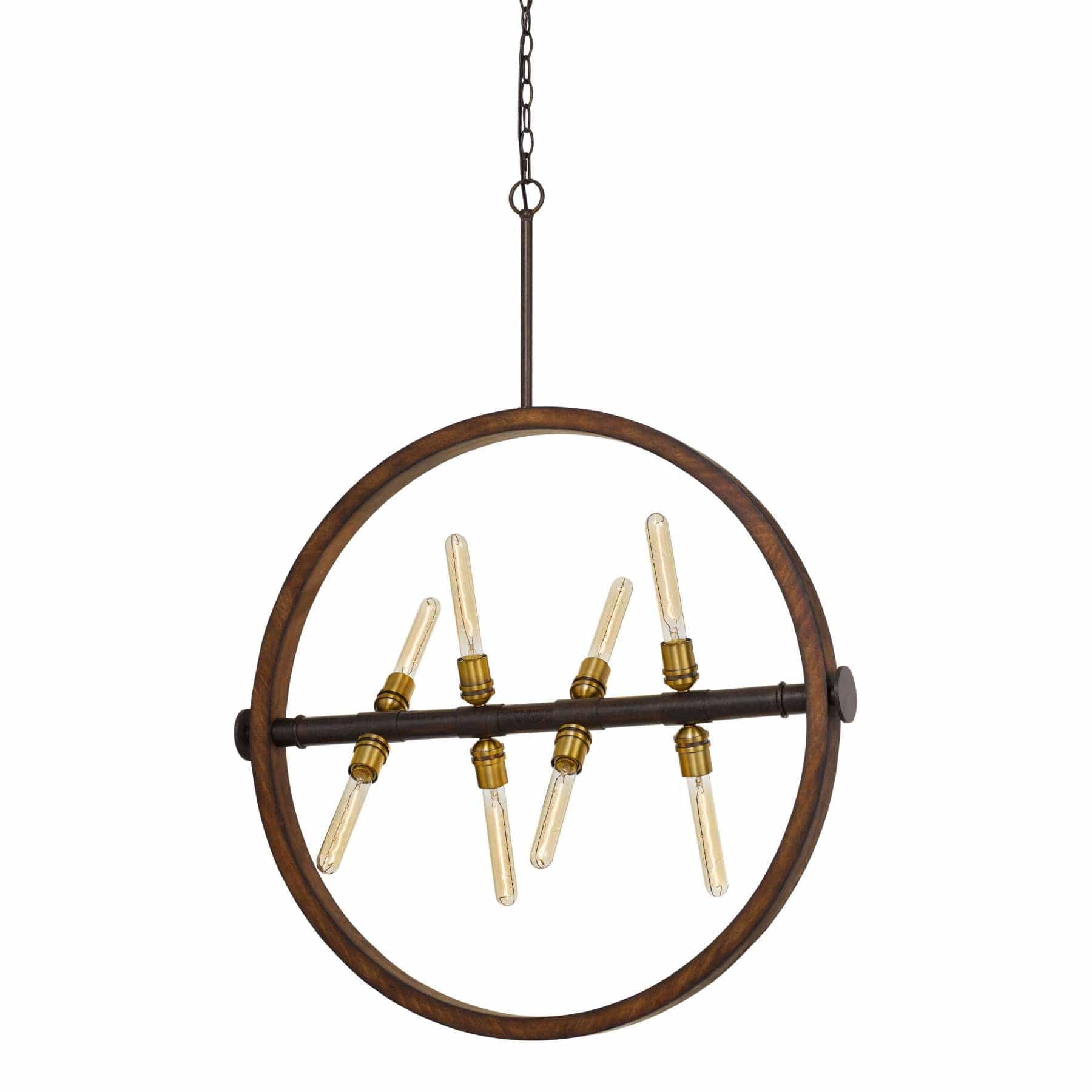 Benzara Round Wood Frame Chandelier With Metal Rod And Glass Shade,Bronze And Brown By Benzara Chandeliers BM224893