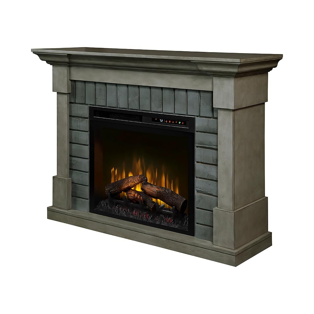 Royce Electric Fireplace Mantel Package in Smoke Stack Grey FRONT  AND SIDE VIEW