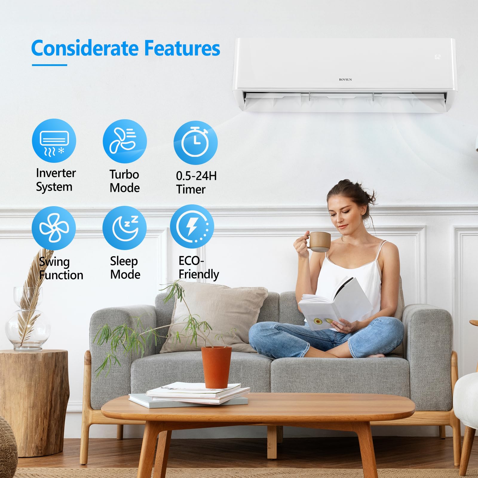 ROVSUN 12,000 BTU 23 SEER2 230V Wifi Enabled Ductless Mini Split Air Conditioner with Heat Pump Inverter & Install Kit