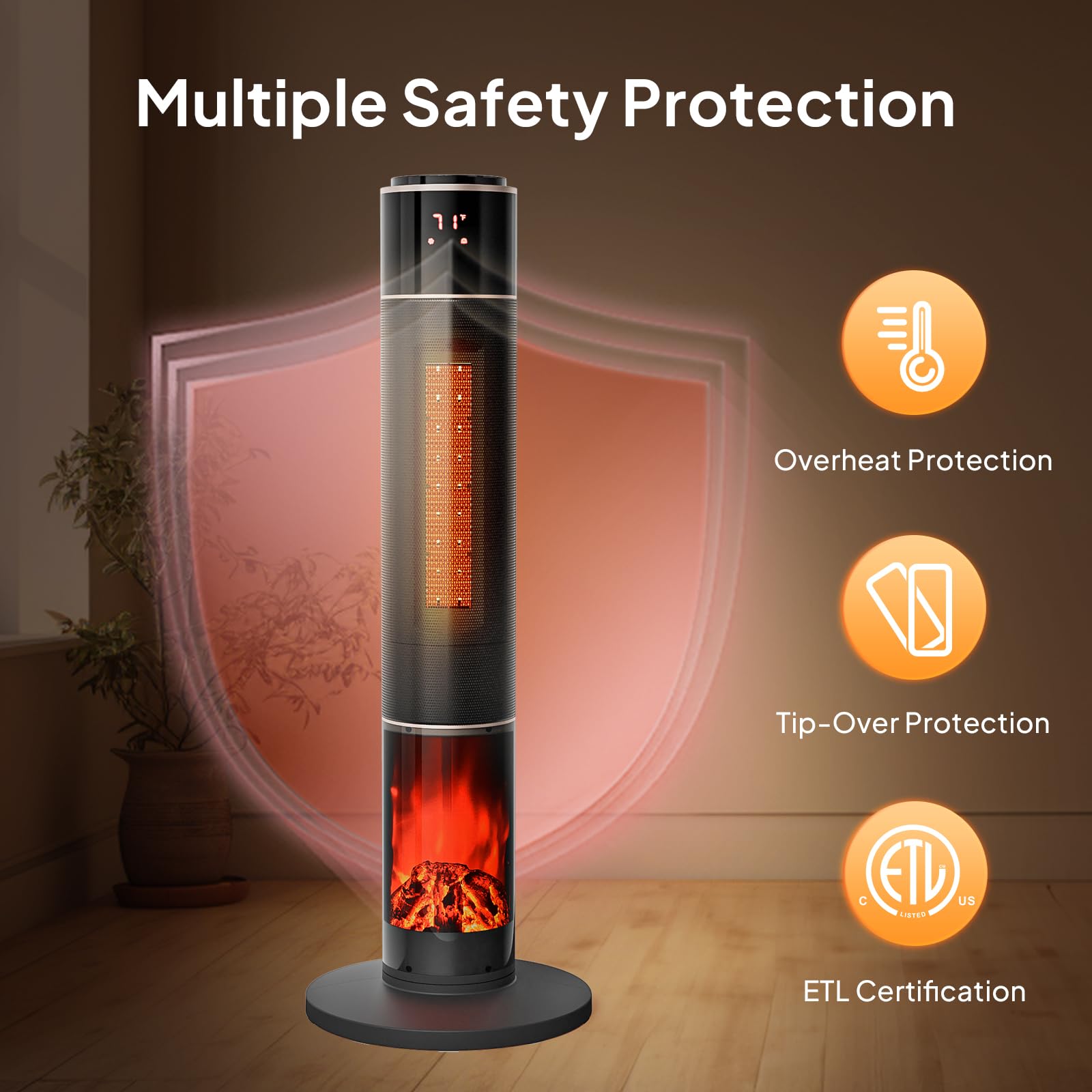 33"H 1500W 120V Electric Space Heater with Remote Black