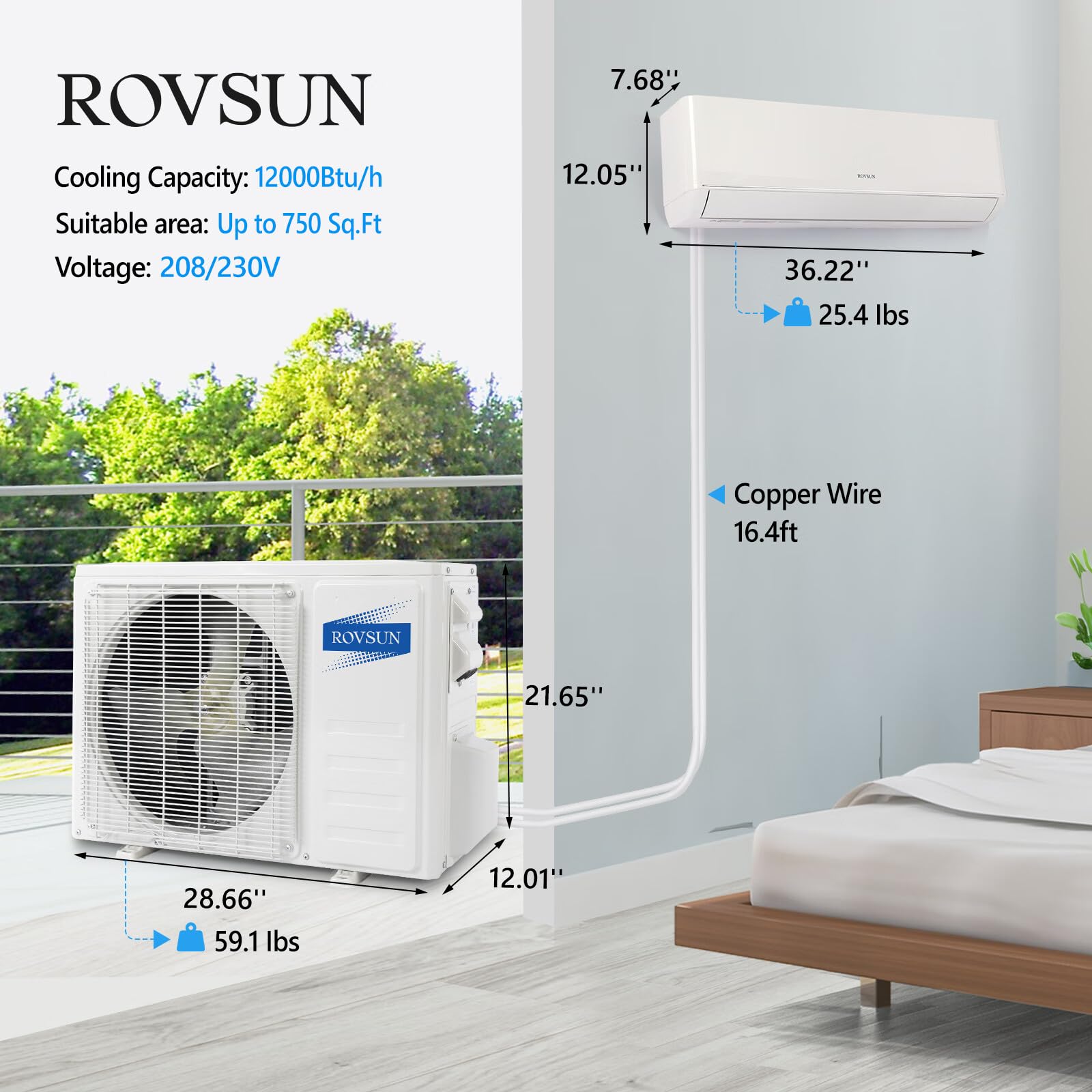 ROVSUN 12,000 BTU 23 SEER2 230V Wifi Enabled Ductless Mini Split Air Conditioner with Heat Pump Inverter & Install Kit