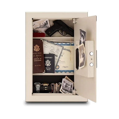 Mesa MAWS2113E Adjustable Wall Safe Beige with valuables inside