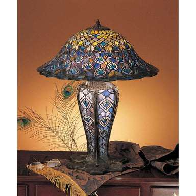Meyda Lighting 24.5"H Tiffany Peacock Feather Lighted Base Table Lamp Table Lamps 26665