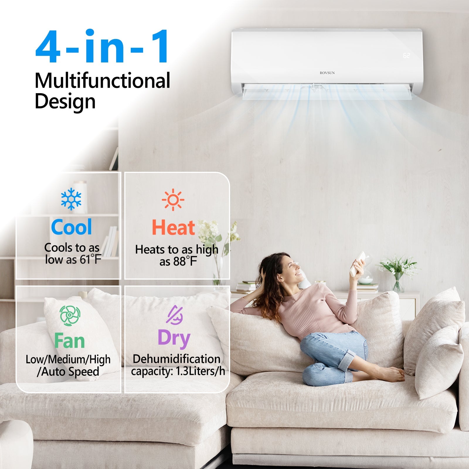 ROVSUN 18,000 BTU 19 SEER2 230V Wifi Enabled Ductless Mini Split Air Conditioner with Heat Pump Inverter & Install Kit